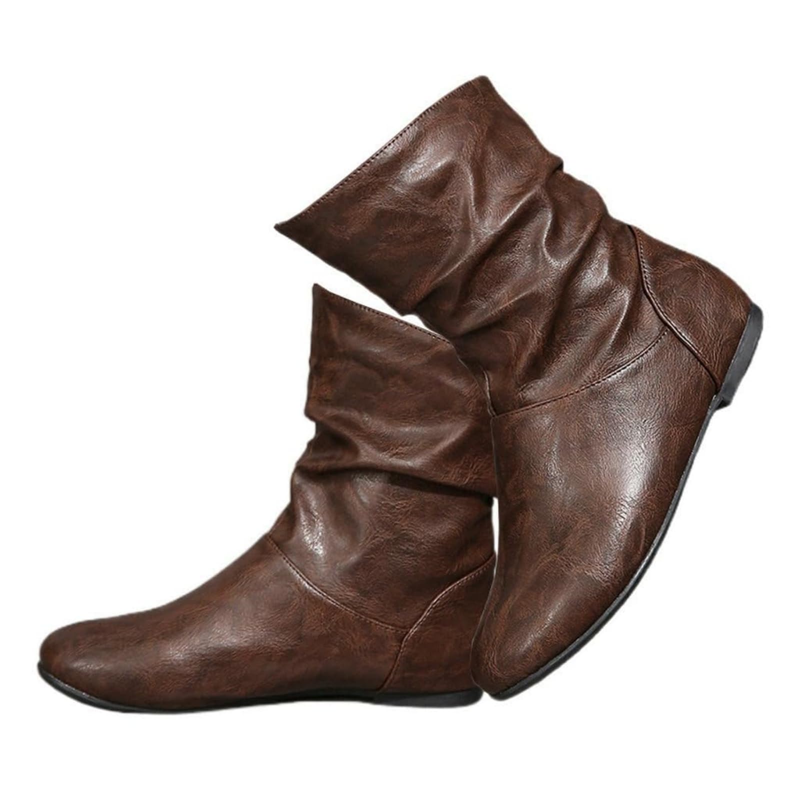 Slouchy Leather Ankle Boots for Women Low Heel Slouch Flat Boots Round Toe Slip On Fashion Short Boot