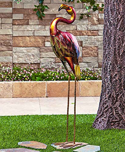 Metal Lawn Flamingo Statue With Jewel Accents - Metallic Garden Ornament #TOP11