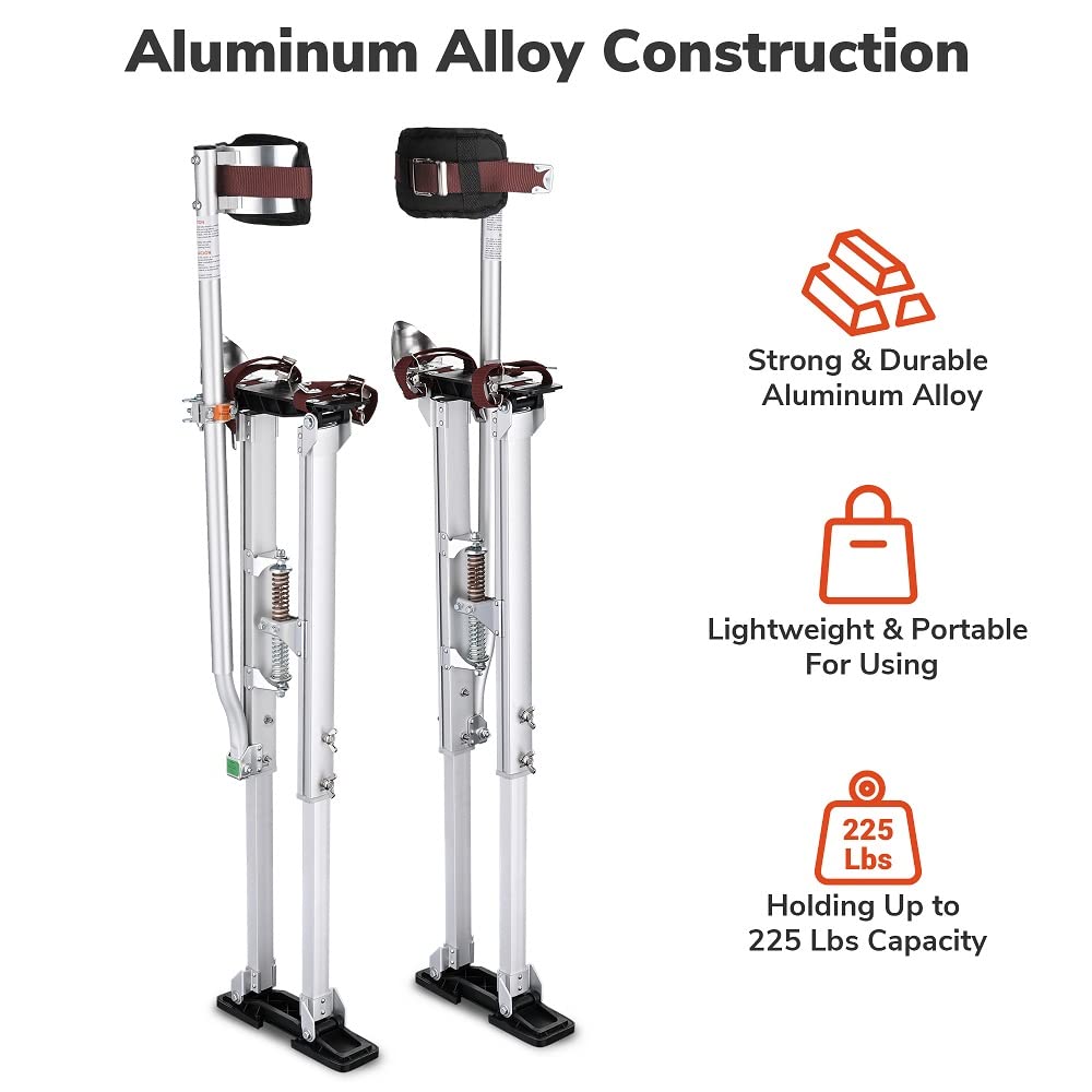 Regulowane aluminiowe szczudła do płyt gipsowo-kartonowych z nakolannikami 36"-50", 3-pozycyjnym podparciem pięty i sprężynami podwójnego działania do opasania lub czyszczenia (srebrne)