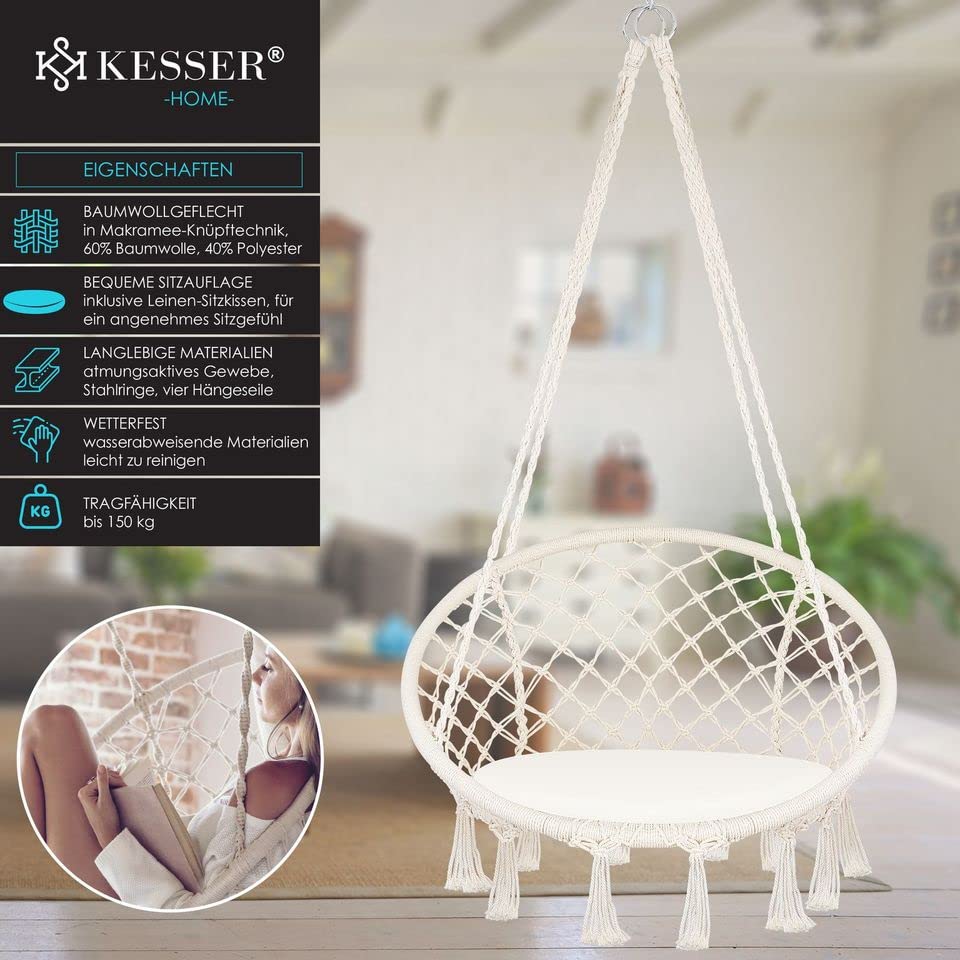 KESSER® Hängesessel 150kg mit 2 Stahlringe Sitzpolster geflochten Fransen Hängestuhl Hängekorb Schaukelkorb Garten Indoor wetterfest, wasserabweisend, Beige - Image 3