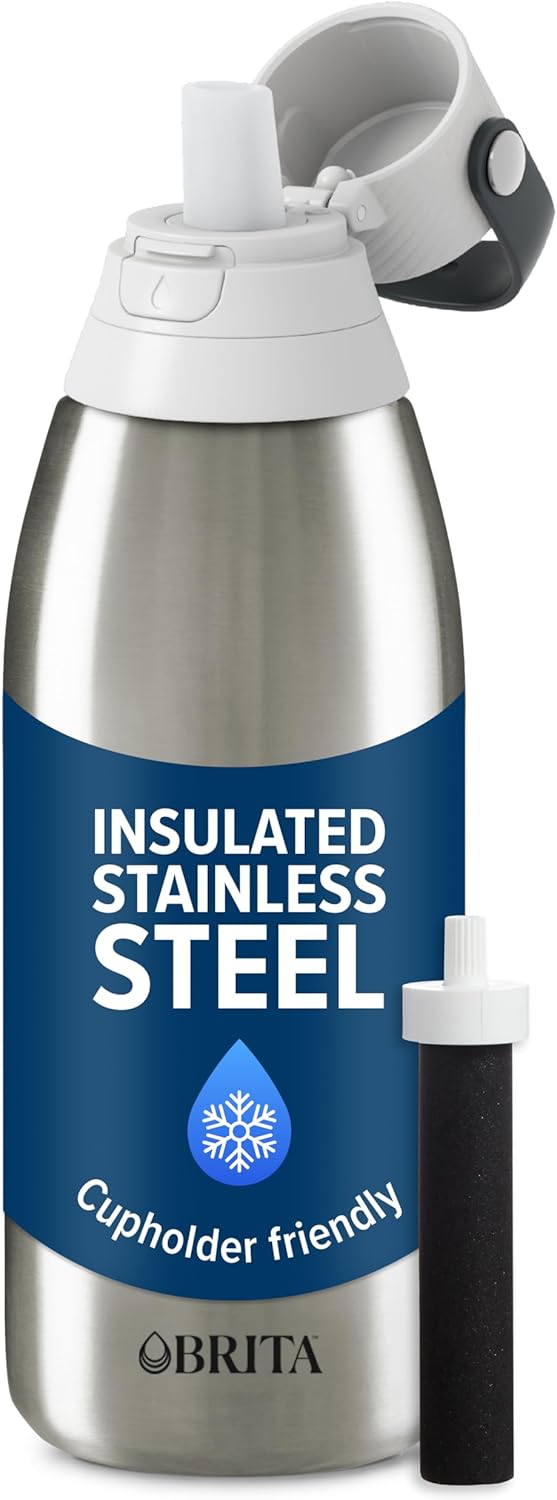 Brita Stainless Steel Premium Filtering Water Bottle, BPA-Free, Reusable, Insulated, Replaces 300 Plastic Water Bottles, Filter Lasts 2 Months or 40 Gallons, Includes 1 Filter, Stainless - 32 oz
