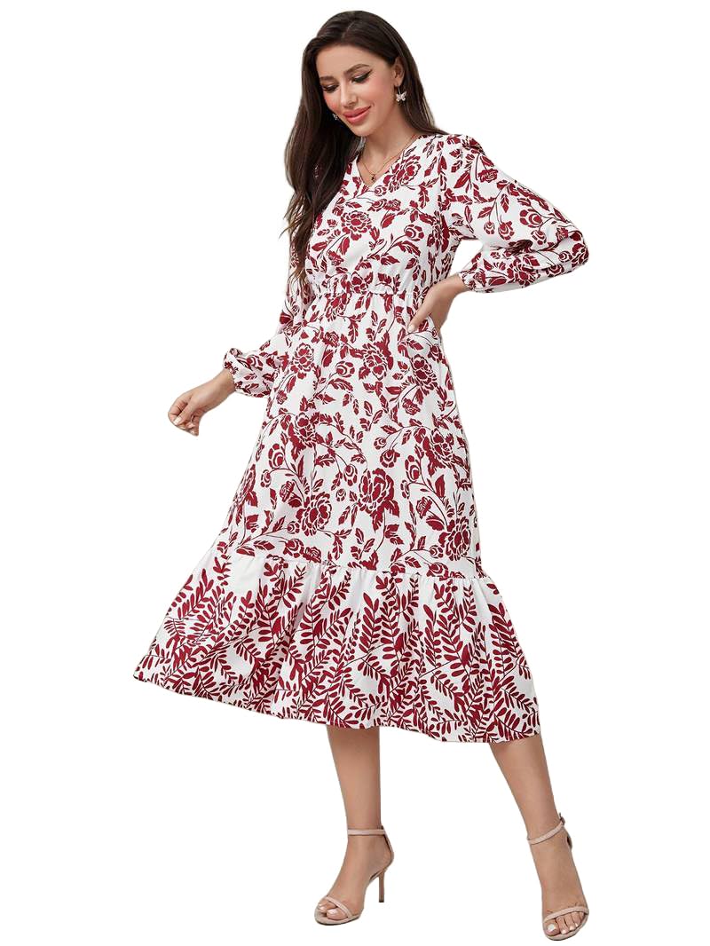 Tadkee Women's Cotton Blend Classic Below The Knee Casual Dress (Fn-Floral-Dress-135-Red-M_Red