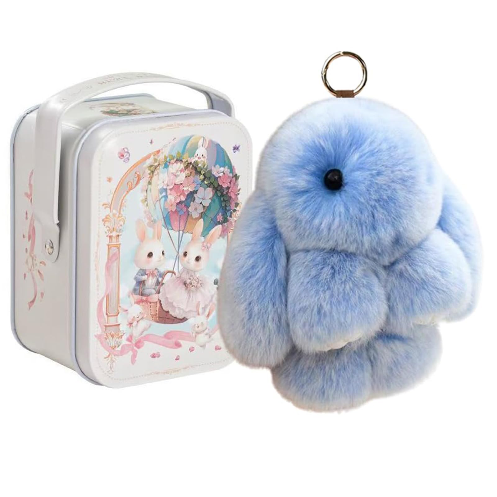 Women's Blue Bunny Lulu Keychain With Tin Box – Soft Plush Rabbit Pendant, Cute Fluffy Trinket, Adorable Key Ring Charm And Handbag Ornament For And Girls