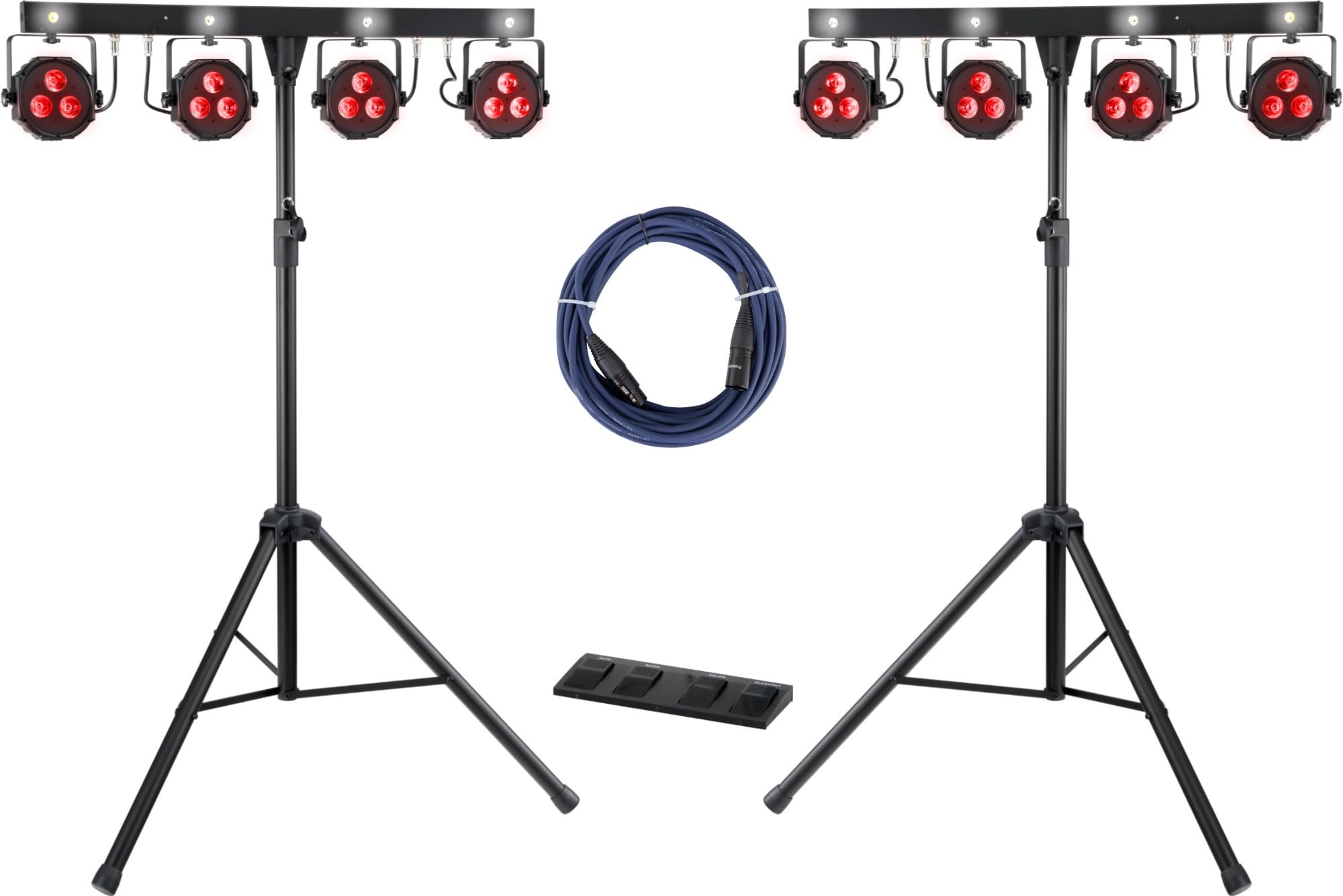 Showlite LB-4390 LED Licht Komplettanlage RGB2x Set mit Wireless Fußschaltern - Tri-LED PAR Spots - weiße Strobe-Spots - DMX512 - Funk-Fußpedale - mit T-Bars, Stativen, Taschen und DMX-Kabel