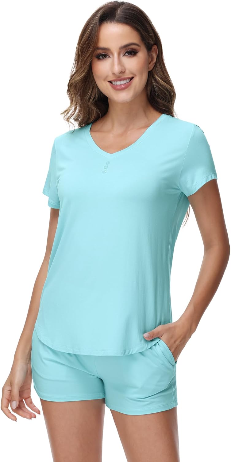 WiWi Pajamas for Women Bamboo Viscose V-neck Pajama Sets Soft Short Sleeve Nightwear with Pockets S-XXL