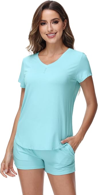 WiWi Pajamas for Women Bamboo Viscose V-neck Pajama Sets Soft Short Sleeve Nightwear with Pockets S-XXL
