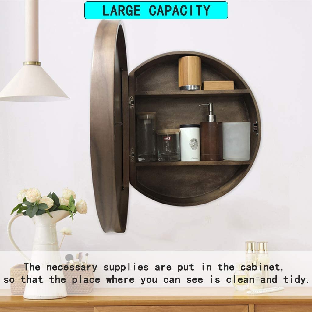 Mobiletto da Bagno con Specchio Rotondo Moderno in Legno con Design 2 in 1, Finitura Noce alla Moda per Gli Amanti del Trucco, Diametro 60 cm