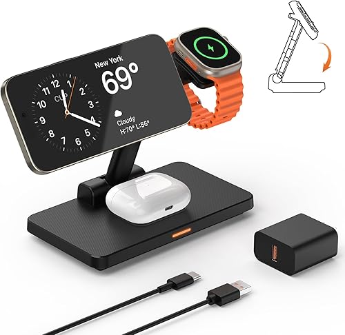 Soporte de carga plegable 3 en 1 para MagSafe estación de carga inalámbrica JoyGeek para iPhone 15141312 Pro Max Plus Mini, base magnética Mag-Safe