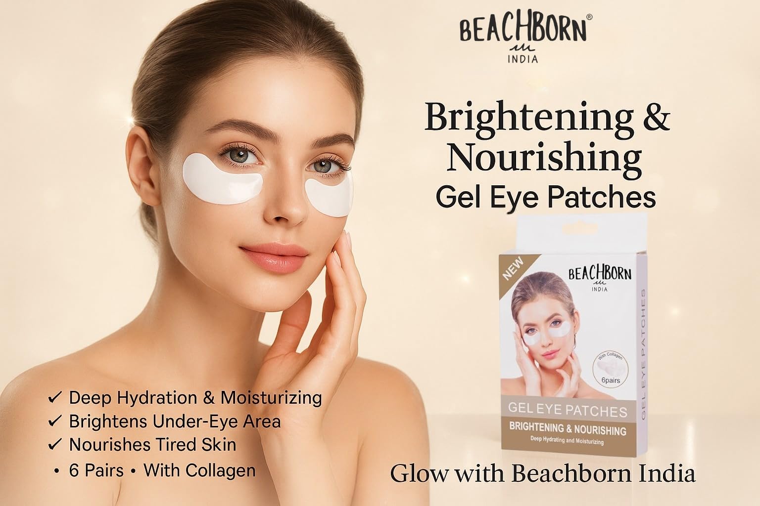 BEACHBORN INDIA Gel Eye Patches 6 Paires With Collagien Brightening & nourishing Hydrating & Refresh for Puffy Eyes, Under Eye Bags & Dark Circles, Natural Collagen Eye Gels Pads, Crystal Anti-Aging Eye Mask (GOLD) 1