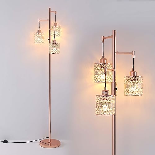 Lámpara de pie industrial, lámpara de pie regulable, lámpara de árbol dorado, lámpara de pie con 3 elegantes pantallas de cristal para sala de