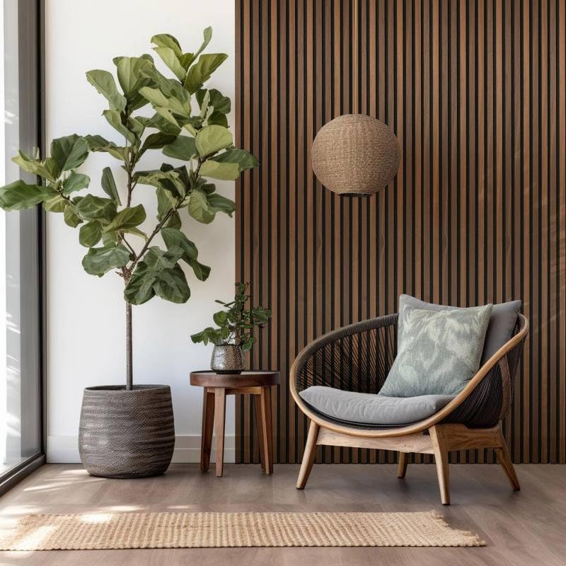 DECOON Panneau tasseaux bois 250 x 30 x 1cm - Lamelles chêne foncé véritable fond noir - 0,75m²