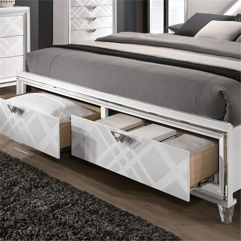 Pemberly Row 5-Piece White Wood Bedroom Set, Cal King Bed with Faux Leather Headboard and LED Lights, 2 Nightstands with Storage, Dresser with Art Deco Design, Mirror, Contemporary Style Glam