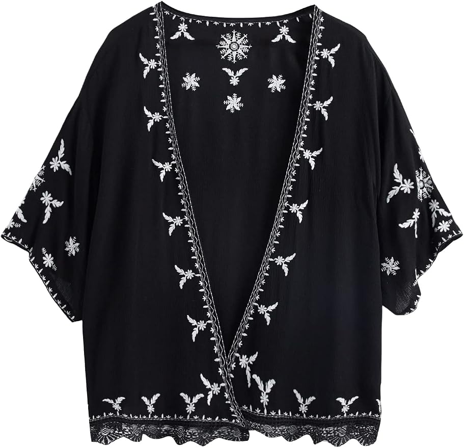 Women's Lace Crochet Cardigan - Floral Open Stitch Kimono Cover Up, Half Sleeves, For Beach Or Dressy Occasions