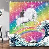 JAWO Funny Cat Shower Curtain, Cool Cat Riding Unicorn On Ocean Wave Colorful Bathroom Curtains, Rai