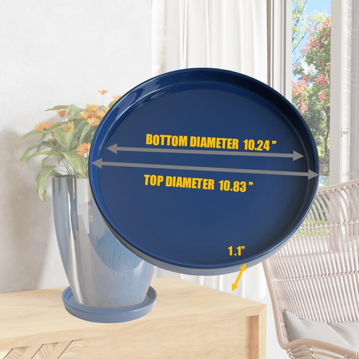 Yukfona Ceramic Plant Saucer Pot Tray 10 Inch, Planter Saucers 4 5 6 7 8 9 10 11 12 13 Inch for Indoors Outdoor, Durable Sturdy Flower Drainage drip Water Tray for Glazed Pots Base (10.7 Inch-Blue)