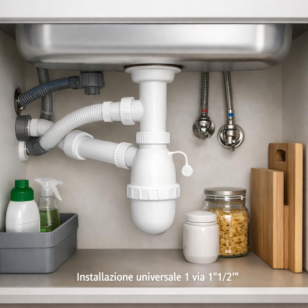Sifone Lavello Cucina 1 Via 1”1/2, in Plastica Bianca, con Attacco Lavatrice/Lavastoviglie, Scarico Universale Anti-odore