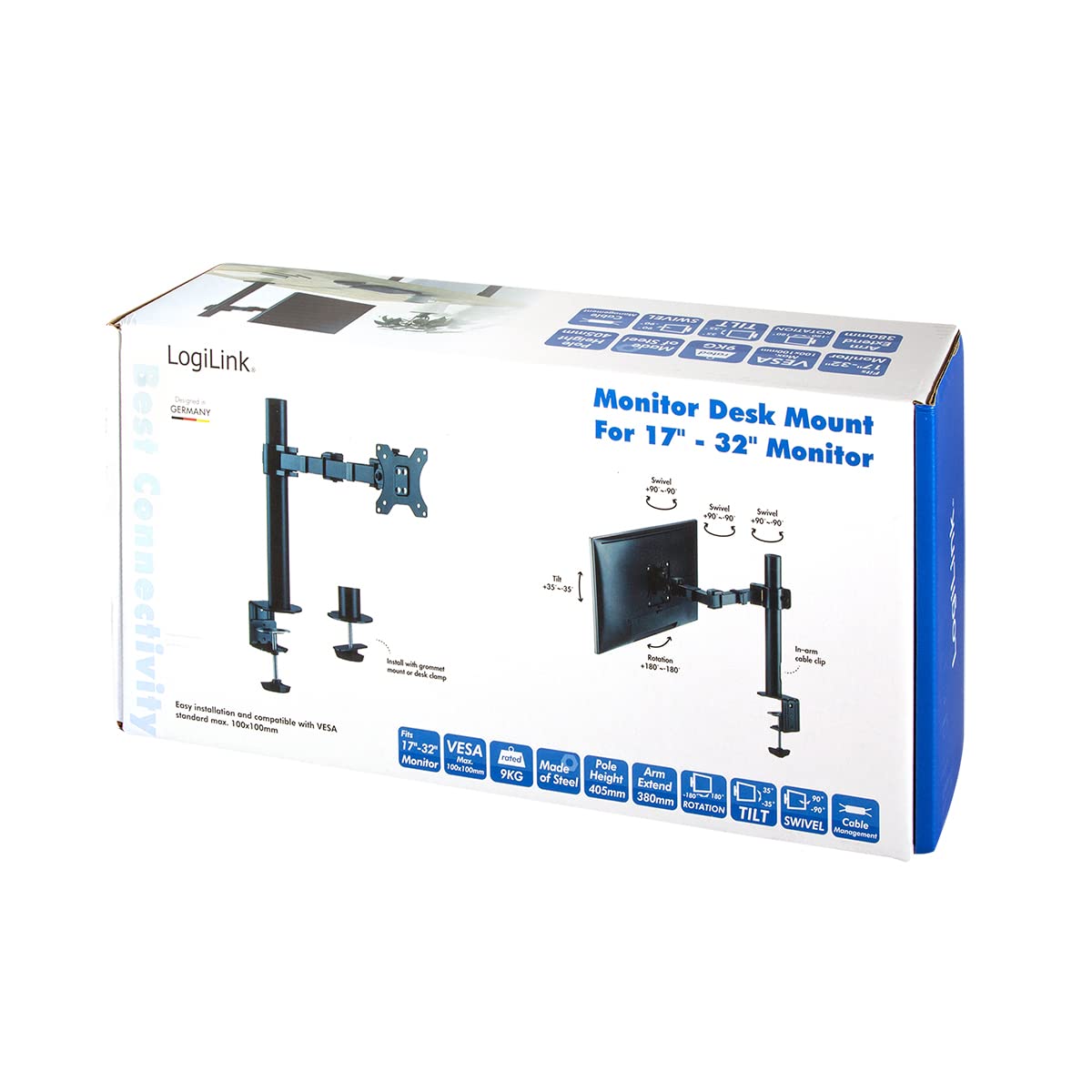 LogiLink BP0105 - Supporto per monitor da 17 a 32" inclinabile con braccio girevole da 380 mm, VESA max. 9 kg PC