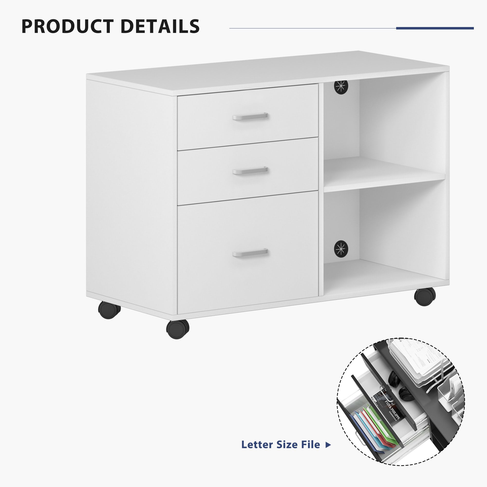 SogesHome Armadietto da ufficio, in legno, con 3 cassetti e 2 ripiani aperti per formato A4, legale, formato letter, 80 x 40 x 63 cm