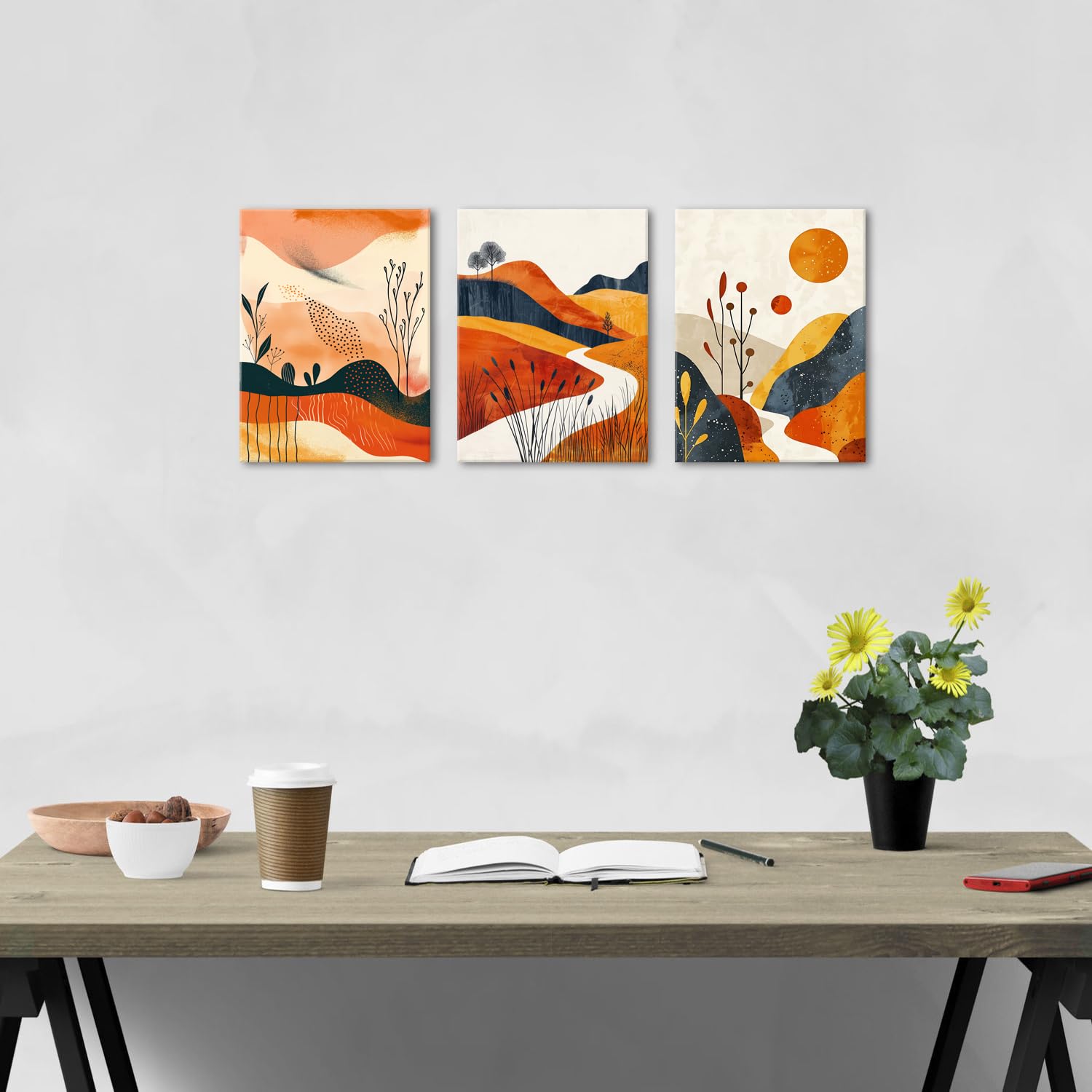 Set of 3 Boho Framed Wall Art for Living Room Abstract Mountain Desert Bedroom Pictures Mid Century Modern Wall Decor Orange Boho Home Decor Minimalist Neutral Artwork Office Decorations 30x40cm - Image 2