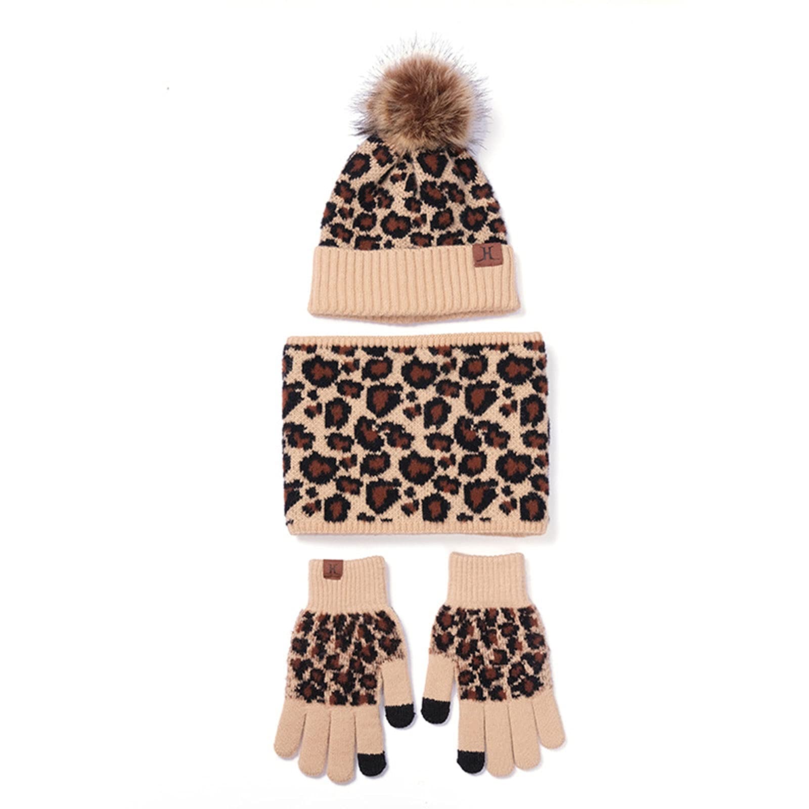 Wygwlg Donna Inverno 3 Pezzi Beanie Hat Sciarpa Lunga Guanti Touch Screen Set, Stampa Leopardata Spessa Fodera in Peluche Lavorato a Maglia Beanie cap Guanti Scaldacollo (Color : Beige, Size : 350g)