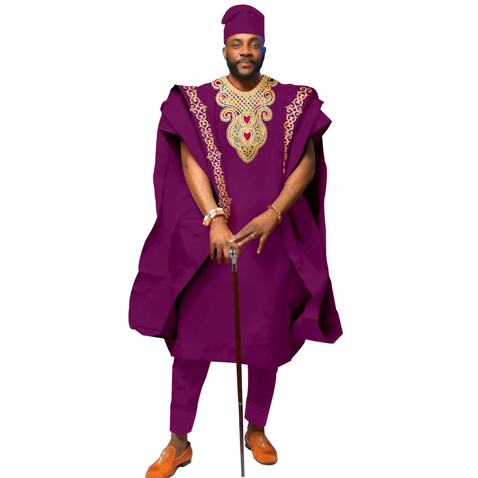 Africa-Pride Men's Purple African `S Clothing Embroidery Agbada Shirts Pants And Hats 4 Piece Set Garts For Wedding Evening, M