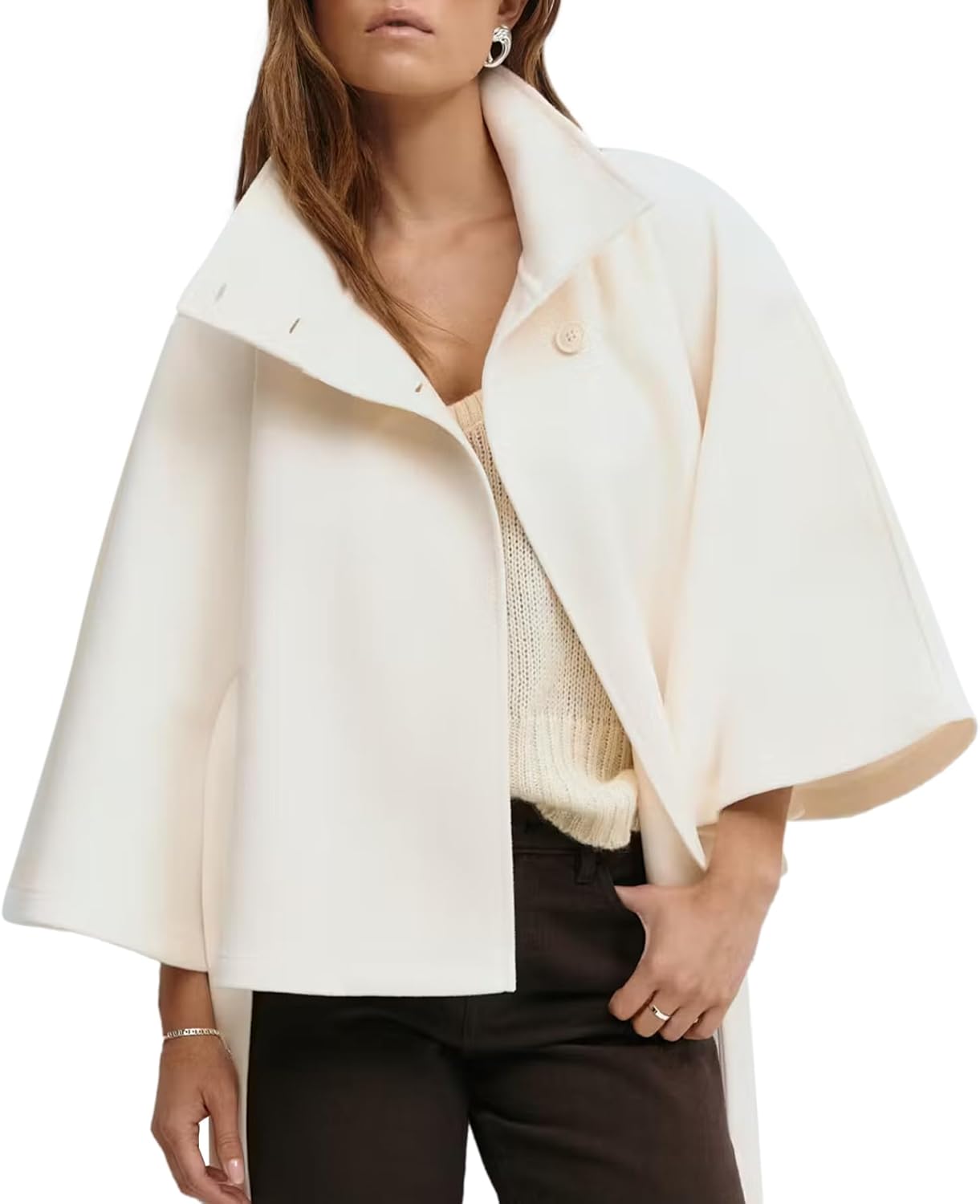 Ainangua Womens Batwing Sleeve Poncho Peacoat Oversized Stand Collar Belt Cape Coat Jacket Cloak Fall Winter Shawl Outerwear - Image 2