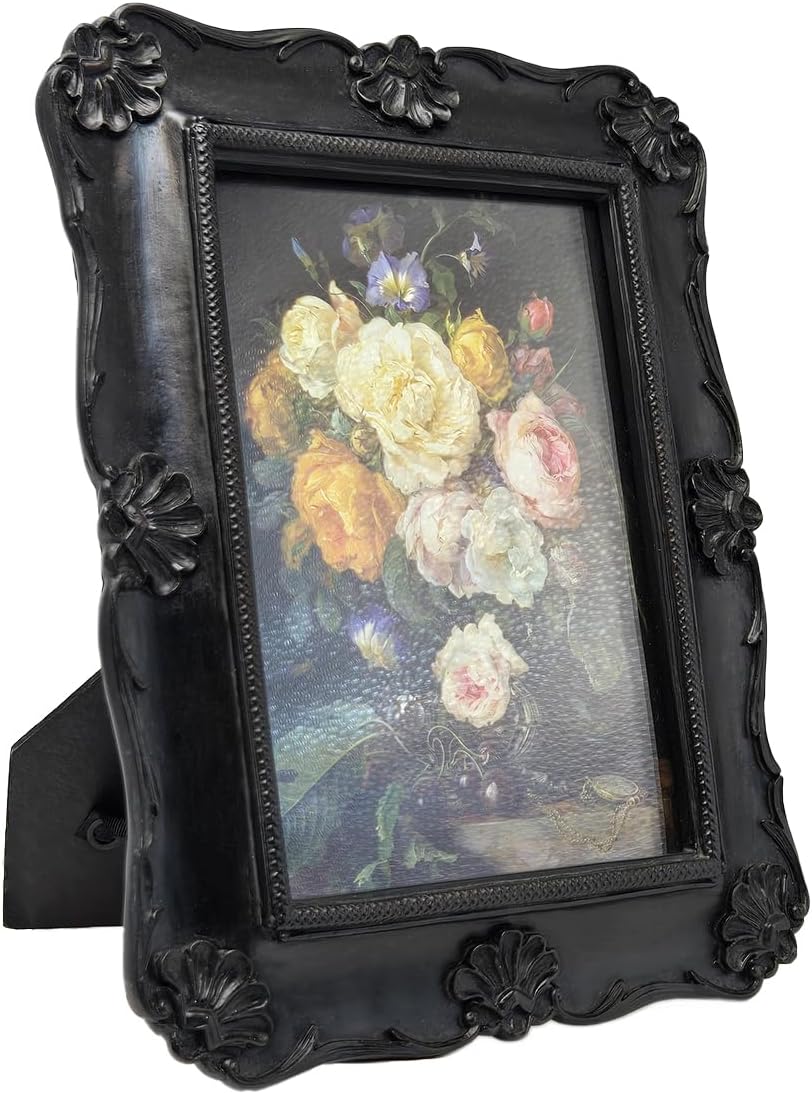 SYLVIA'S SHOP 5x7 Vintage Picture Frame, Antique Black Ornate Photo Frame, for Tabletop and Wall Display, Decorative Floral Design Retro Home Decor, Photo Gallery Art