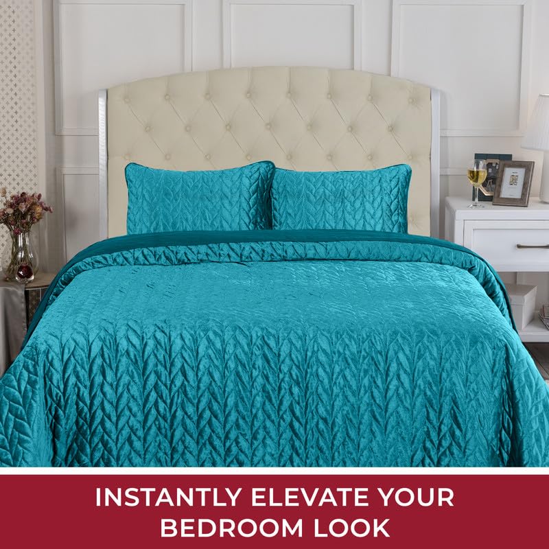 mellanni oversized queen velvet quilt set - bedding cover with shams - ultrasonic quilting technology - 3 piece oversized quilt set - bedspreads & coverlets (full/queen, teal)