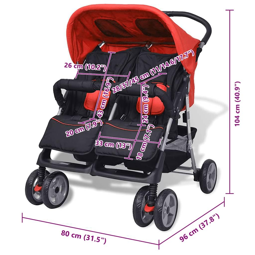 Poussette Double, Poussette Deux Places pour Jumeaux Pliable Acier Rouge et noir