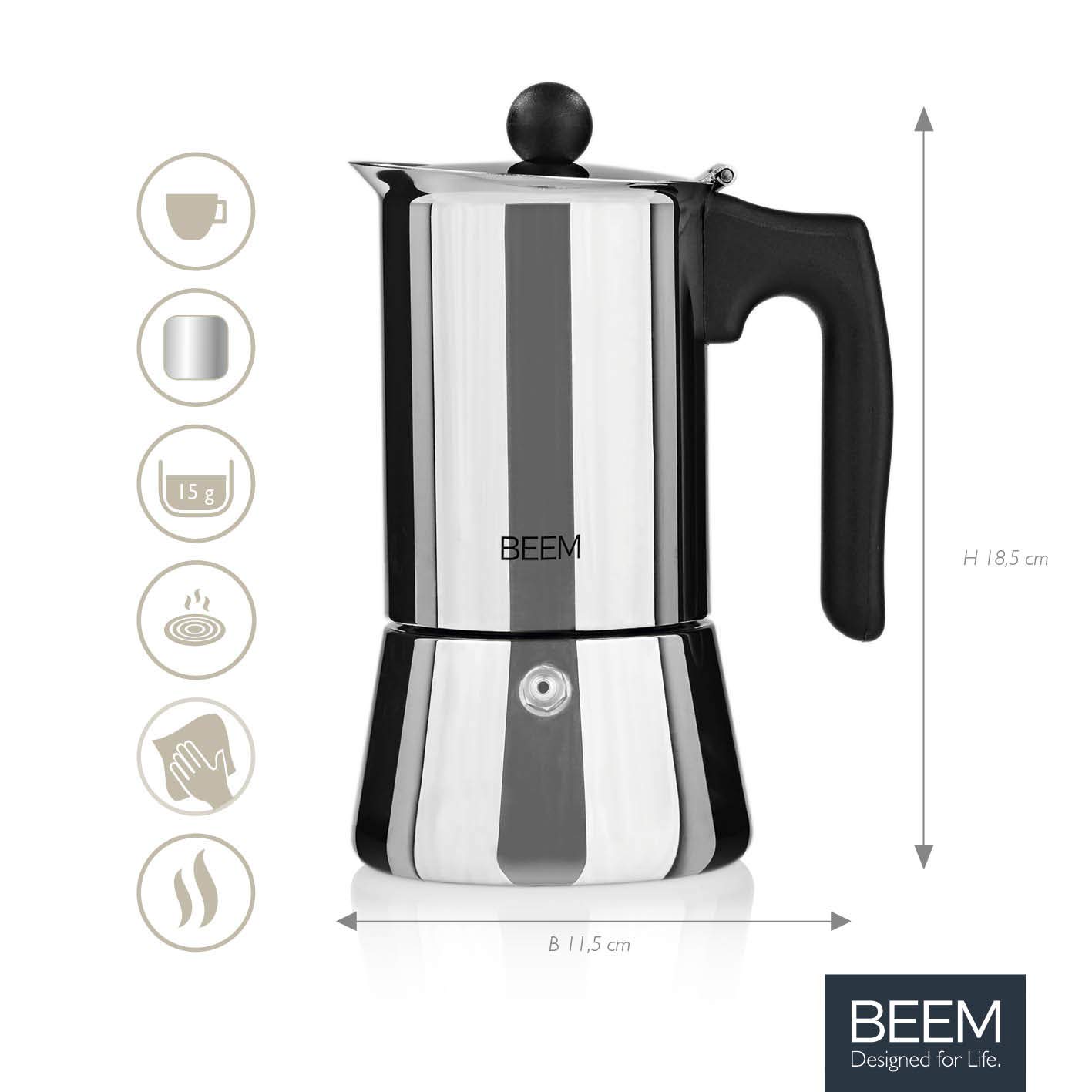 BEEM ESPRESSOMAKER Espressokocher - 4 Tassen | Herdkocher | Induktion | Edelstahl | Espresso - Kanne | Mokkakanne | Klassisch | 200 ml