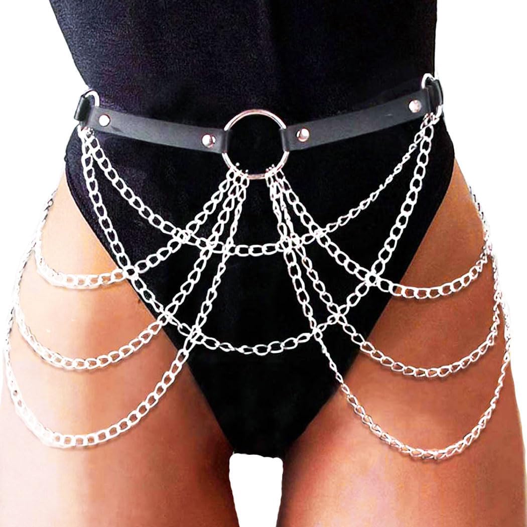 REETAN Waist Chain Belt Fashion Black Punk Leather Rave accessories for women