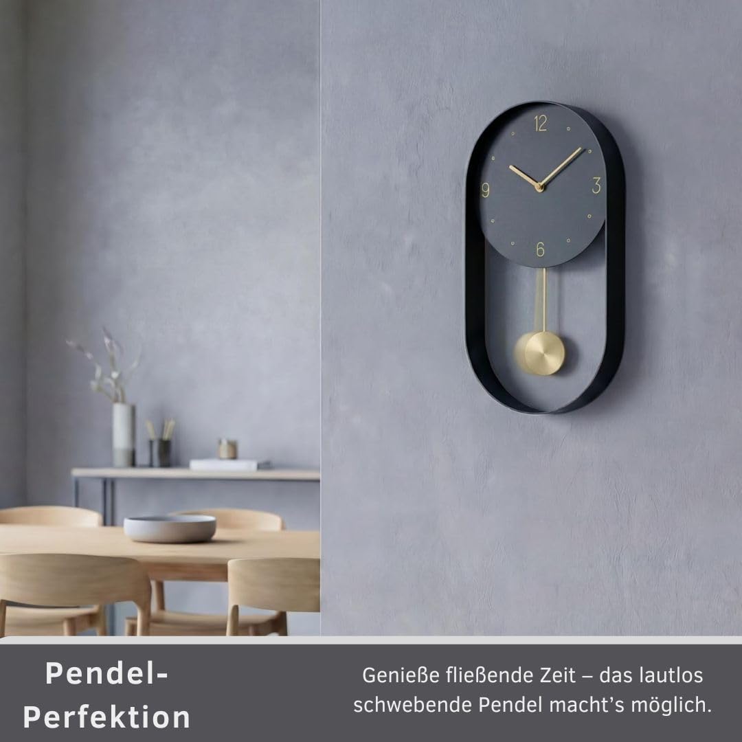 Moderne Wanduhr mit geräuschlosem Pendel - 2 Pendel inkl., Minimalistisches Design in Schwarz, geräuschloses Uhrwerk, Premiumverpackung - für Wohnzimmer, Küche, Büro