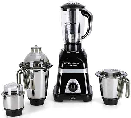 SilentPowerSunmeet Diaa Powerfull 1000W Mixer Grinder with 3 SStainless Steel Jars and 1 Juicer Jar (1 Wet Jar, 1 Dry Jar and 1 Chutney Jar), Black.Make in India