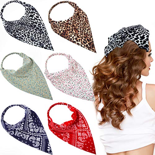 6 Pieces Floral Elastic Hair Scarf Headbands, Vintage Chiffon Head Kerchief Headband Leopard Kerchief Hairband with Clips for Women Girls Headband Accessories