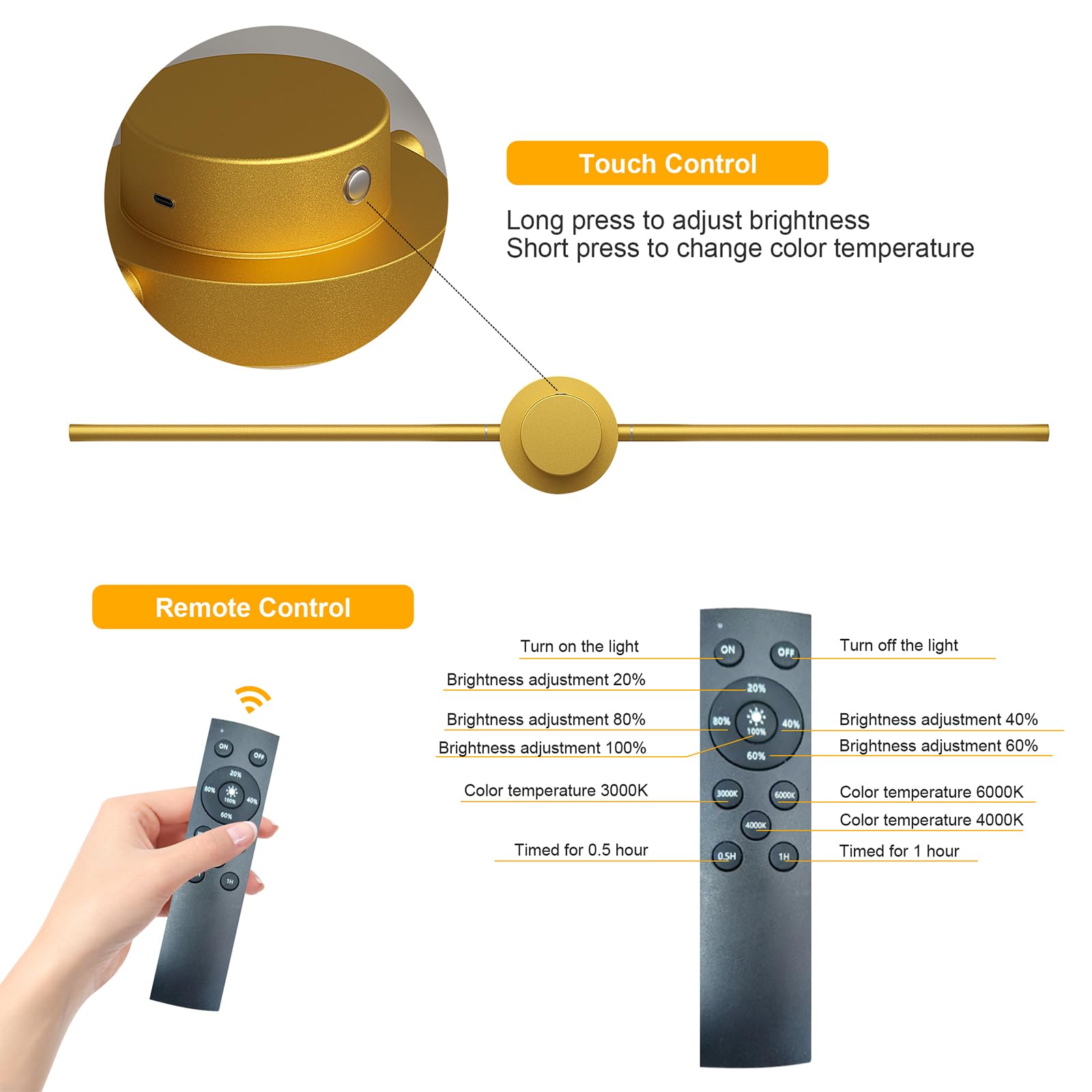 GEADI Applique LED Parete Interno, Lungo Lampada da Muro con Batteria Ricaricabile, Lampada da Parete Dimmabile per Camera da Letto, Soggiorno, Corridoio, Cucina, 2 pezzo