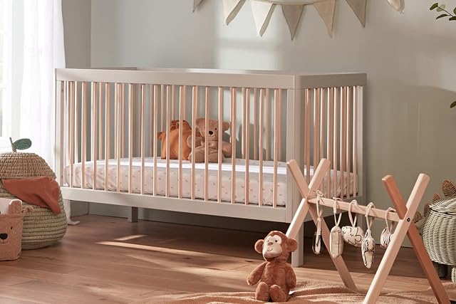 Lukas Grey Baby Cot Bed - Scandinavian Wooden Crib made with Natural Solid Birch Wood - Scandi Nursery Furniture with 3 Positions to grow with your Baby Safely - Mattress sold separately (140x70cm)