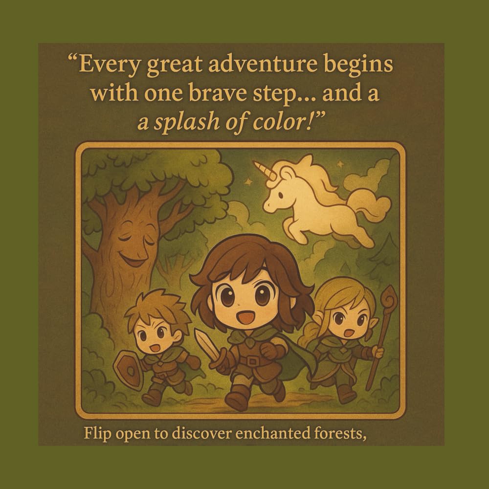 Every great adventure begins with one brave step… and a splash of colour!" Flip open to discover enchanted forests, underwater kingdoms, floating castles, and more!