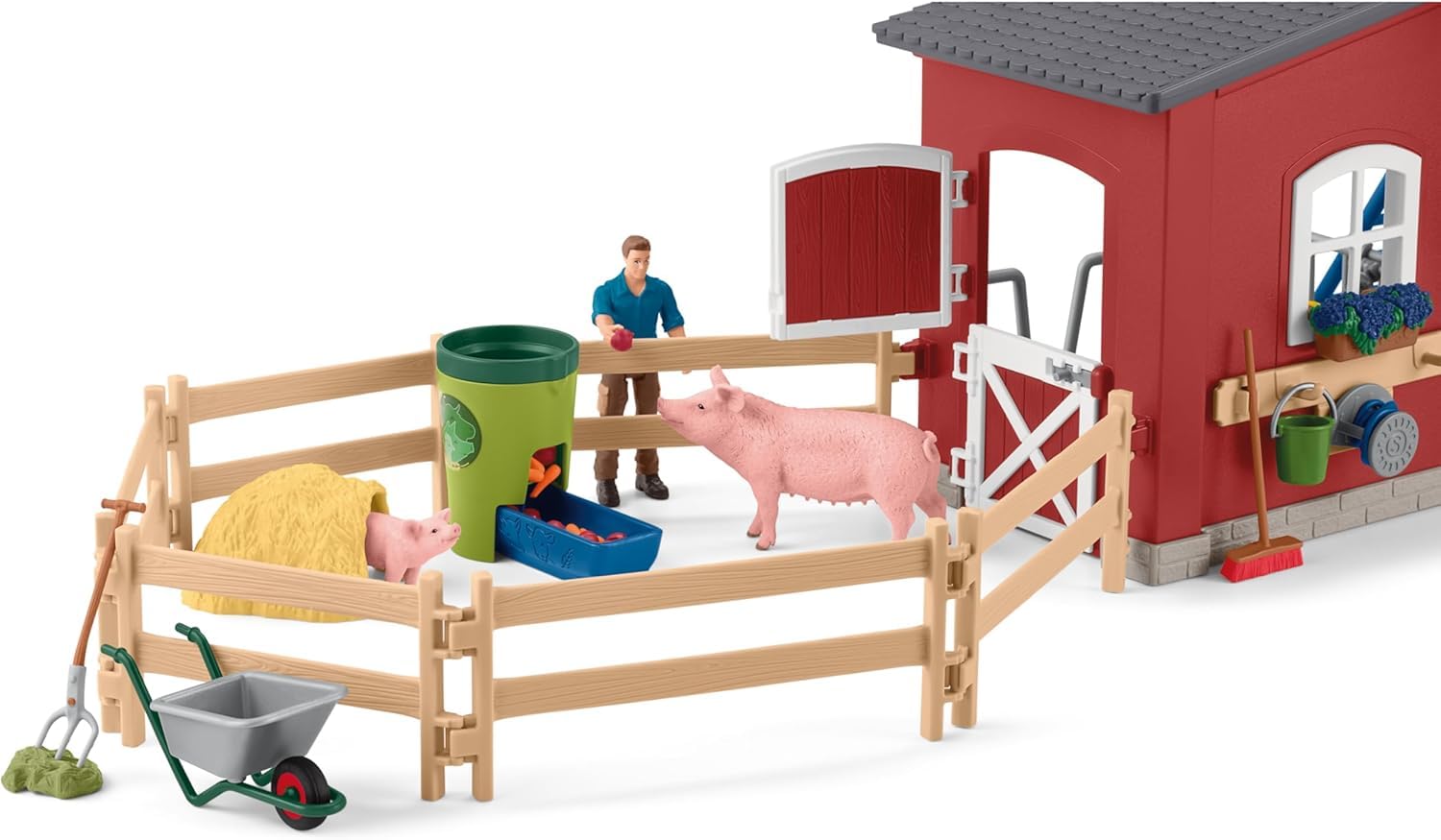 schleich FARM WORLD | Duża czerwona farma z domem wiejskim 42606 | Zestaw z domem, rolnikiem, krową, świnią, kotem, myszą i akcesoriami | realistyczna zabawka farma dla dzieci od 3 lat | 92 elementy