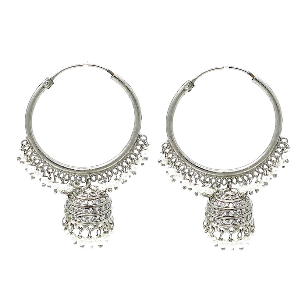 Duel On Jewel| Indian Bridal Chandelier, Jhumka, Infinity Hoop & Dangle Earrings | Filigree, Pearls, Zircon, Glass Accents | Gold or Silver-Plated Alloy | 2.5–3.75 Inch | Statement Wedding Jewelry