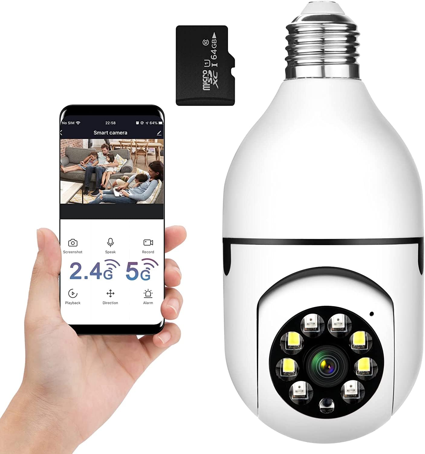 Wireless Light Socket Bulb WiFi Security Camera 360 Degree PTZ Home Camera Floodlight Night Vision Motion Detection Auto Tracking 64GB Micro SD Card Included Compatible with Alexa