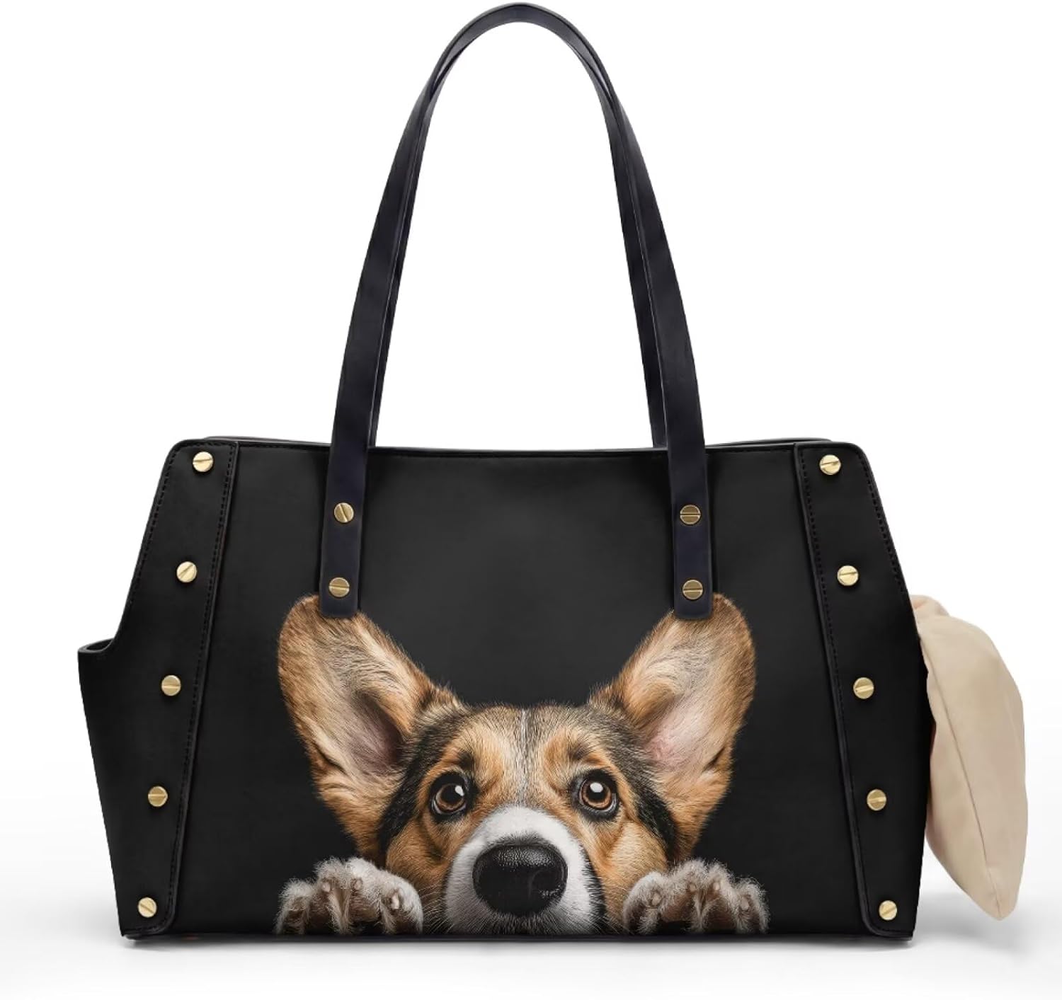 Corgi Printed Dog Purse Carrier for Small Dogs, Cats, Waterproof Dog Carriers PU Leather Pet Shoulder Bags, Portable Cat Carriers for Summer Travel, Black