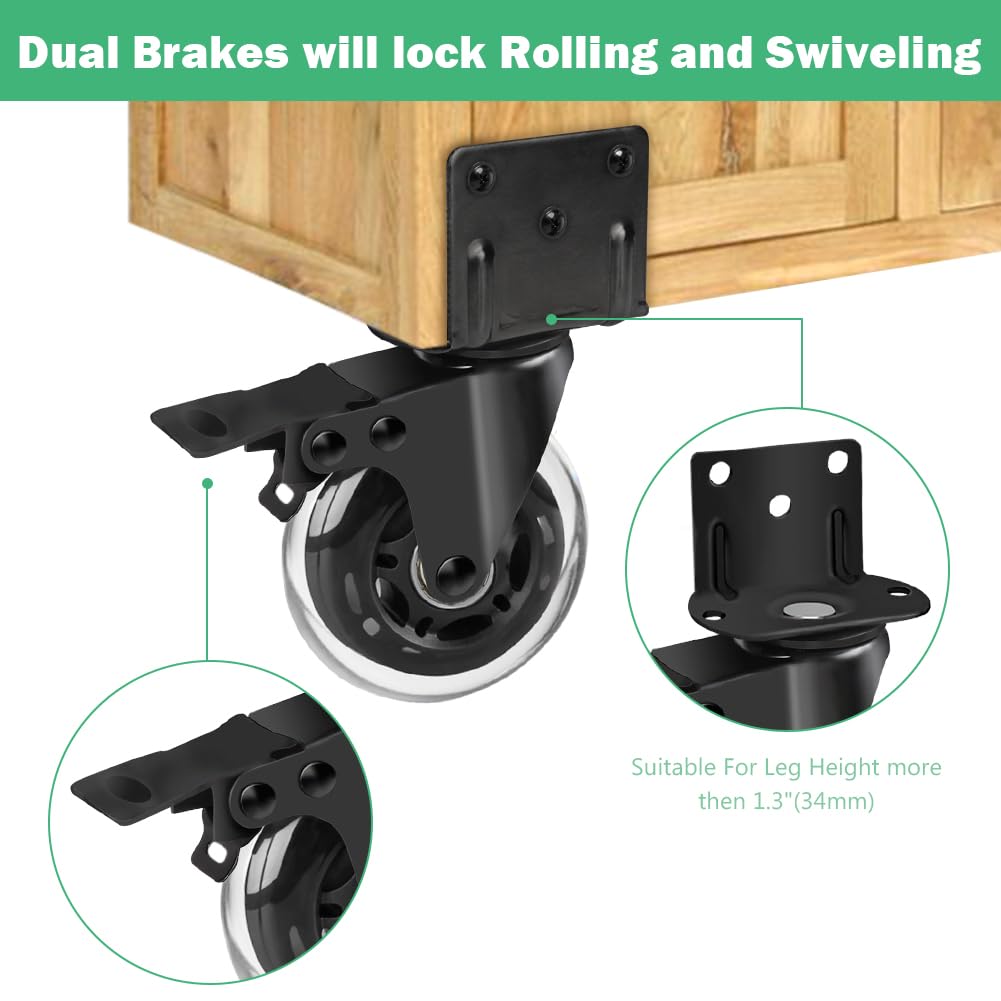 8T8 Side Mount Caster Wheels 3 Inch L Shaped Plate Swivel Casters with Brakes Heavy Duty Set of 4, Silence Rubber Wheels for Furniture, Kitchen Cabinet, Baby Bed, Table, Loading Capacity 600 Lbs