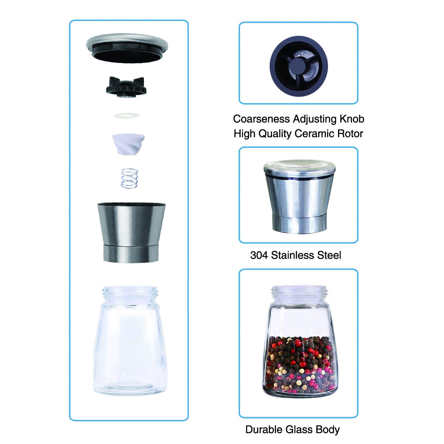 M JINGMEI Macina Pepe Set di 2, Manuale Macina Sale e Pepe, Macinino per Spezie Ricaricabile, Macina in Vetro per Sale Marino e Pepe Nero, Regolabile Manualmente con Supporto in Acciaio Inox