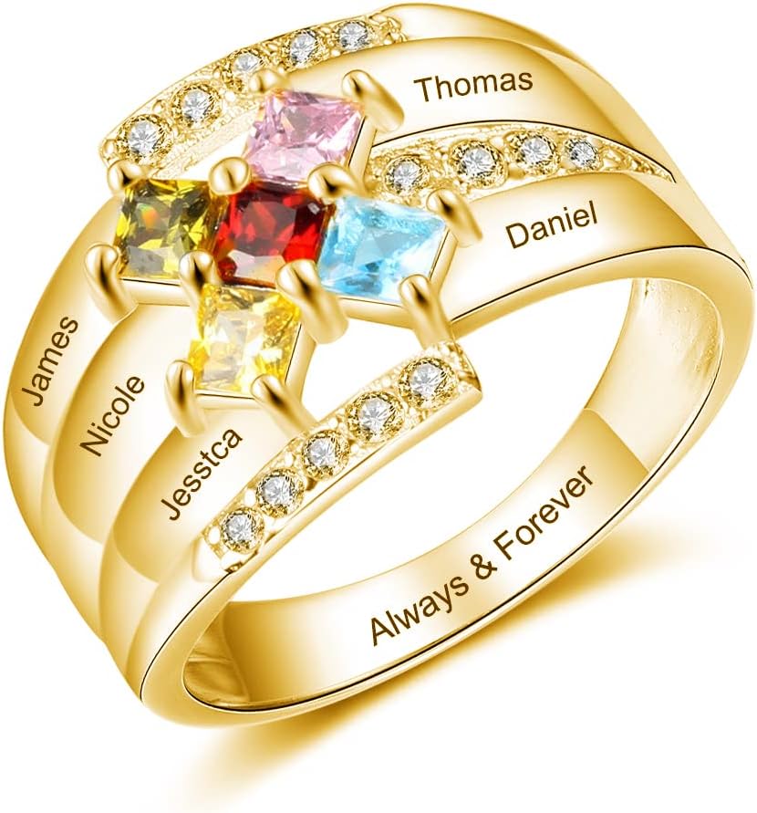 10k 14k 18k Solid Gold Personalized Name Ring with 5 Birthstones Real Gold Custom Family Name Ring Custom Multiple Name Rings for Wife Mom Women Mother's Day Birthday Gifts