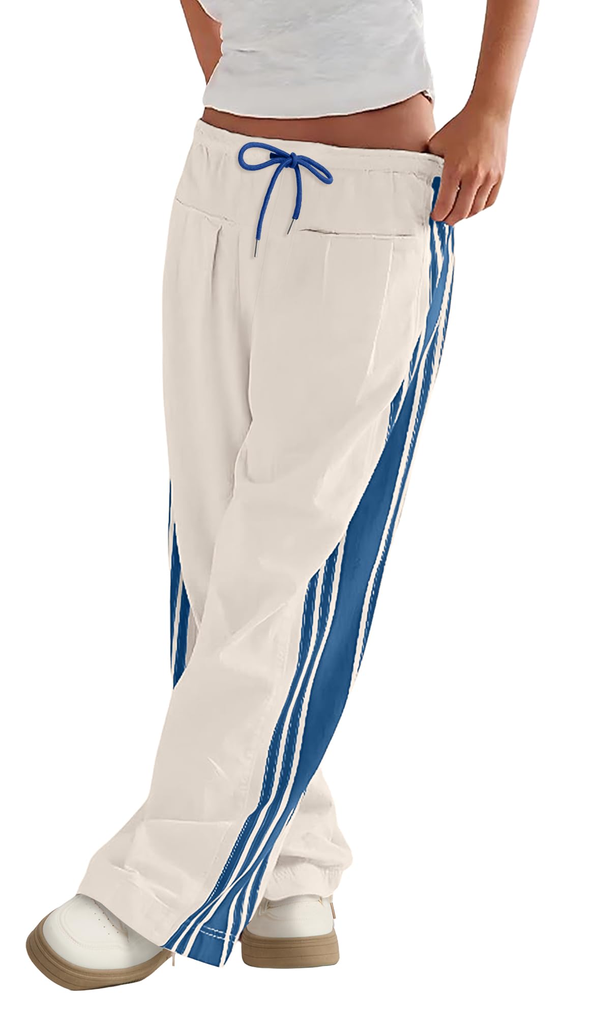 Womens Wide Leg Track Pants Side Striped Casual Drawstring Baggy Palazzo Pant with Pockets