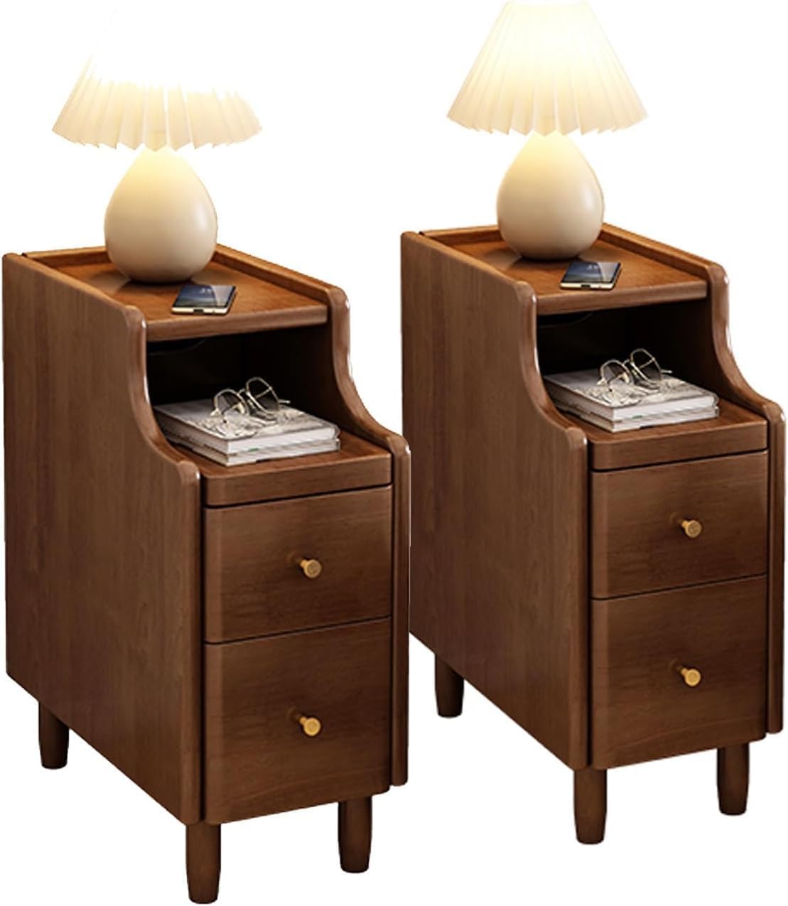 DECAKE Bedside Chest Narrow Nightstand Tall Table With Drawers Cabinet Set Of 2 Slim Bedroom Side End Tables Colors(Size:30cm,Color:Brown-2pcs)