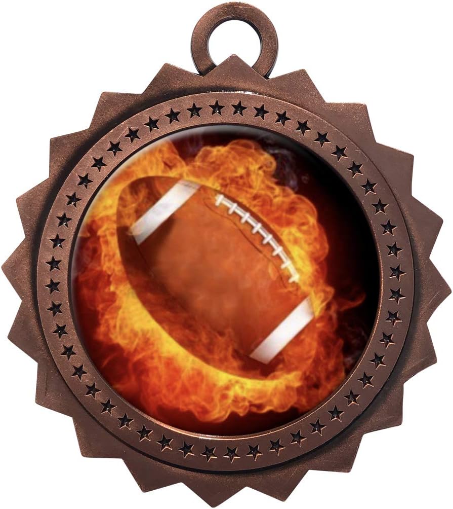 10 PK of Flame Football Bronze Medals Trophy Award with Neck Ribbons D03-EMFCL802