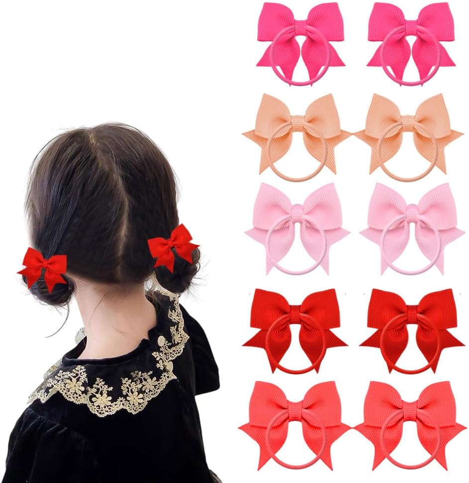 Red Hot Pink Bows Hair Ties Cute Small Hair Bows Ponytail Holders Grosgrain Boutique HairBow Elastics Hair Bands Loops Decorative Birthday Valentines Day Bows for Girls Teens Women 10 PCS