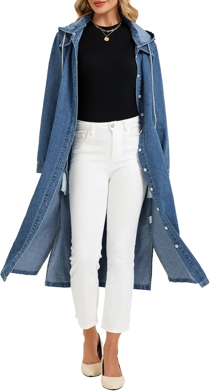 Women's Long Denim Jackets Maxi Trench Coat Jean Jacket with Drawstring Detachable Hoodie