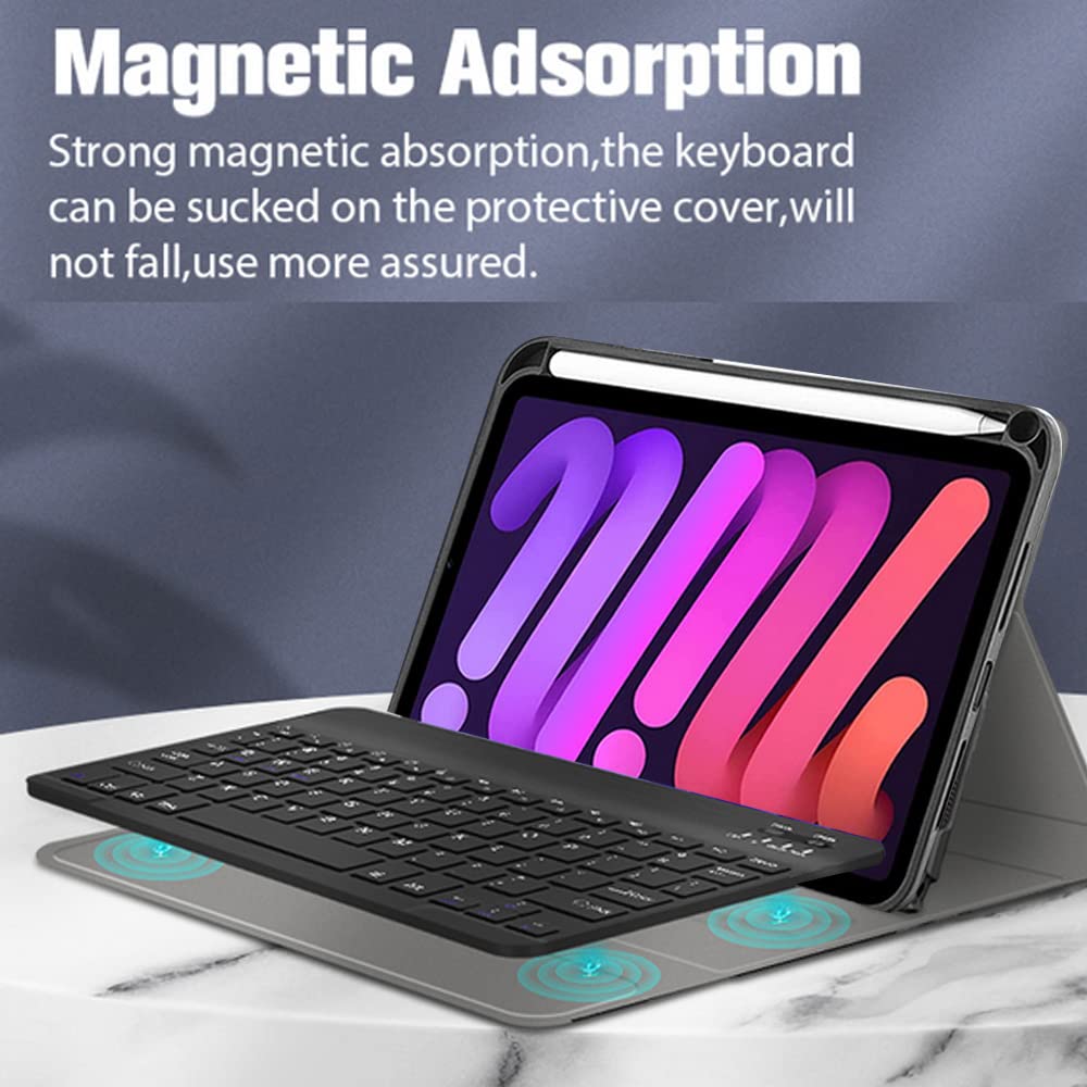 Étui clavier et souris pour iPad Mini 6 2021, coque arrière en TPU souple avec porte-crayon et clavier sans fil détachable 7 couleurs pour iPad Mini 6ème génération 2021, noir